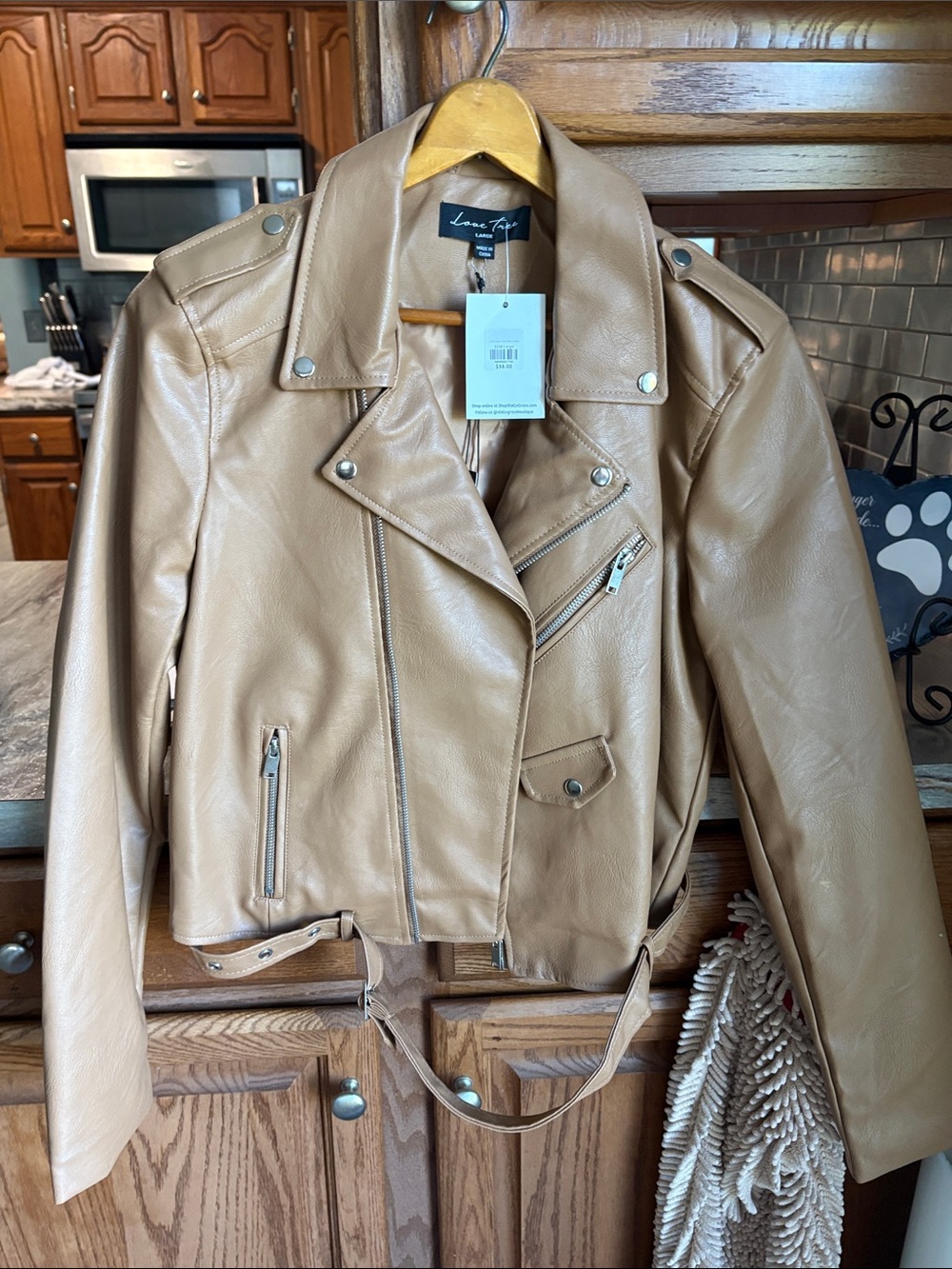 Love Tree Tan Faux Leather Jacket with Zip Details